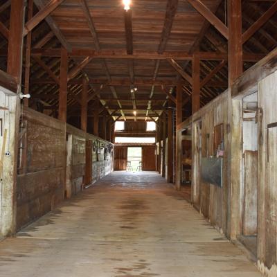 Interior of a rustic barn with wooden beams, empty stalls, and tools on the walls.