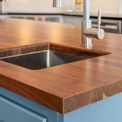 Wooden kitchen island countertop with a built-in stainless steel sink.