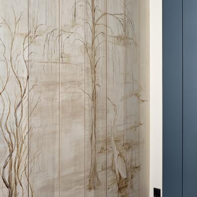 Artistic wall mural of trees and herons, with a blue door on the right.