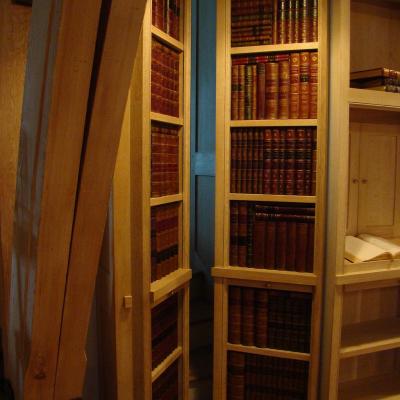 A hidden bookshelf door revealing a staircase and shelves of antique books.