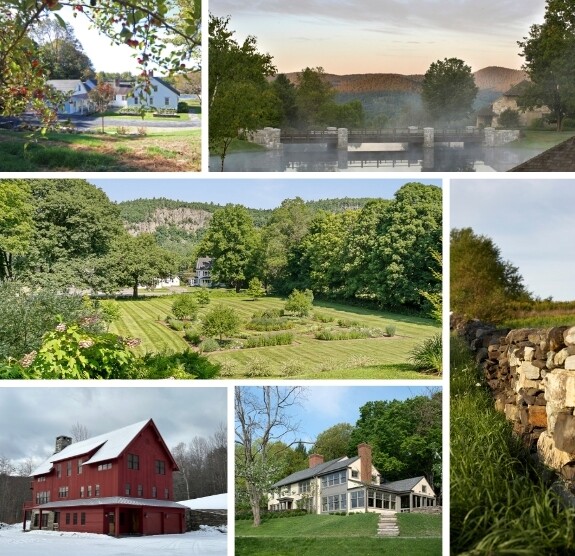 Collage of scenic homes, gardens, and landscapes in a rural setting.