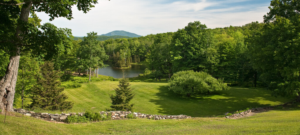 green land with pond and mountains 